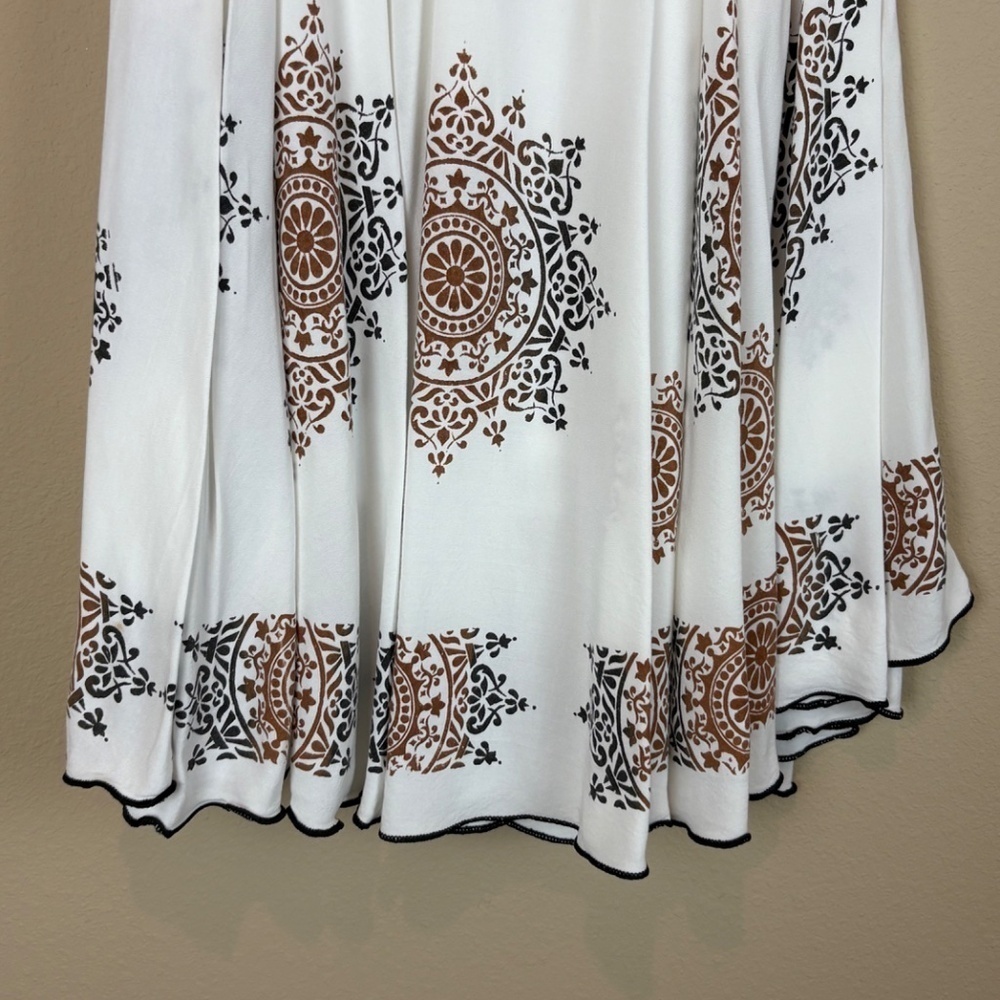 LA Fille Ivory/Black/Brown Boho Flowy Midi Skirt w/ Front Waist Tie; Size 30 (M) - Picture 3 of 7